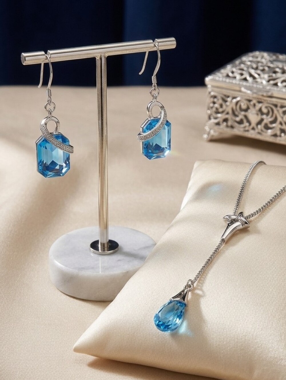 Estate Sale Blue Crystal Earrings And Avon Blue Crystal Necklace